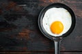 Fried Egg with ingredients in cast iron frying pan  on old dark wooden table background  top view flat lay   with space for text Royalty Free Stock Photo