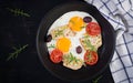 Fried egg, meatloaf, and tomatoes. Keto, paleo breakfast. Top view, flat lay Royalty Free Stock Photo