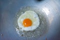 A fried egg with oil on pan. Royalty Free Stock Photo