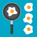 Fried egg omelette top view pan vector food illustration. Egg omelet albumen cartoon icon breakfast