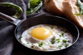 Fried egg in pan and sliced loaf