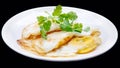 Fried egg and Parsley in the disc/isolation black background, chinese cuisine