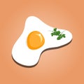 Fried egg with parsley isolated on an orange background, top view. Flat style. Paper cut out vector illustration. Royalty Free Stock Photo