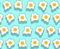 Fried Egg Pattern On Blue background with shadows. Funky Eggs Seamless. Royalty Free Stock Photo