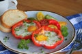 Fried egg in the ring of the bell peppers with herbs . Colorful healthy breakfast Royalty Free Stock Photo