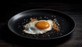 Fried egg on rustic plate - gourmet lunch generated by AI