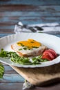 Fried egg with salad on bread with ingredients with use of selective focus Royalty Free Stock Photo