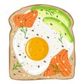 Fried egg with salmon and avocado on toast bread. Delicious egg and lox sandwich. Vector illustration. Royalty Free Stock Photo