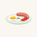 Fried egg, sausage and slice of tomato on plate. Classic breakfast. Good morning concept. Flat graphic element for print Royalty Free Stock Photo
