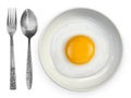 Fried egg side up a plate with spoon and fork on a white background Royalty Free Stock Photo