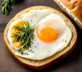 Fried egg on a slice of bread with herbs. Generative AI