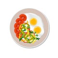 Fried egg and sliced vegetables on a plate, isolated on a white background Royalty Free Stock Photo