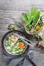 Fried egg with spring plants, healthy food