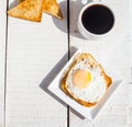 Fried egg on toast and a cup of coffee, snack, breakfast, white