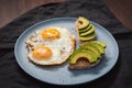 fried egg with two avocado sandwiches for breakfast on a blue plate Royalty Free Stock Photo