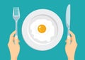 Fried egg in a white plate. Hands holding a knife and fork.