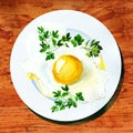 Fried egg on white plate and wood table Royalty Free Stock Photo