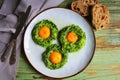 Fried egg in zucchini noodle nest, healthy breakfast, top view