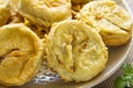 Fried eggplant sandwich Qiehe close up. Chinese food Royalty Free Stock Photo