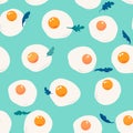 Fried eggs with arugula seamless pattern. Breakfast