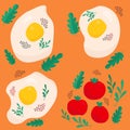 Fried eggs with arugula, spice and tomatoes set. Flat style vector illustration. Tasty breakfast Isolated on orange background. Royalty Free Stock Photo