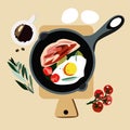 Fried eggs with fried bacon and fresh cherry tomatoes and a side dish of coriander, ready food in a pan on a wooden Royalty Free Stock Photo