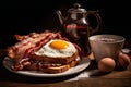 fried eggs with bacon and herbs, delicious breakfast, still life on a dark background