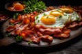 fried eggs with bacon and herbs, delicious breakfast, still life on a dark background