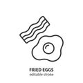 Fried eggs with bacon line icon. Breakfast vector outline symbol. Editable stroke