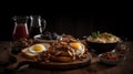 fried eggs, bacon, mushrooms, potatoes and greens on a dark background. ai generative