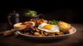 fried eggs, bacon, mushrooms, potatoes and greens on a dark background. ai generative