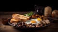 fried eggs, bacon, mushrooms, potatoes and greens on a dark background. ai generative