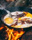 Fried eggs with bacon in a pan in the forest. Food at the camp. Fried egg with bacon on fire. Picnic Royalty Free Stock Photo