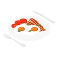 Fried eggs and bacon on plate, with fork and knife. Breakfest Royalty Free Stock Photo