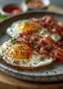 Fried eggs and bacon on plate. Tasty breakfast