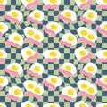 Fried eggs with bacon slices on trippy grid background seamless pattern. Simple design for any purposes. Hand drawn illustration Royalty Free Stock Photo