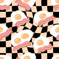 Fried eggs with bacon slices on trippy grid background seamless pattern. Simple design for any purposes. Hand drawn vector Royalty Free Stock Photo