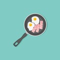 Fried eggs and bacon strips in frying pan. Flat style vector illustration. Royalty Free Stock Photo