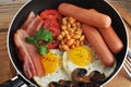 Fried eggs with bacon, tomatoes, beans, mushrooms and sausages Royalty Free Stock Photo