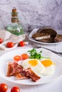 Fried eggs and bacon, tomatoes and parsley on a plate. Homemade breakfast. Vertical view Royalty Free Stock Photo