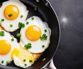 fried eggs in black skillet. Generative AI
