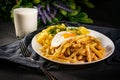 Fried eggs with boiled potatoes and yellow string beans Royalty Free Stock Photo