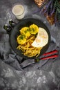 Fried eggs with boiled potatoes and yellow string beans. Royalty Free Stock Photo