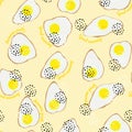 Fried eggs for breakfast. Good morning. Decor salt and pepper. Seamless vector pattern, simple flat style. For the design Royalty Free Stock Photo