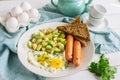 Fried eggs for breakfast on a white plate. Fried eggs with sausages and zucchini, two slices of rye bread, parsley. White wooden b
