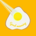 Fried eggs for breakfast with wish Good morning. Optimistic drawing, simple flat style, sun rays, text, bright yellow background.