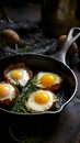 Fried eggs in a cast-iron frying pan. Dark background Royalty Free Stock Photo