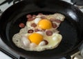 Fried eggs from chicken eggs in a pan