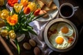Fried eggs, coffee mug, toast and tulips in a vase on the table top view. Homemade breakfast. Generative ai