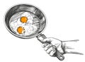 Fried eggs are cooked in a pan hold in hand, cooking, kitchen, hand drawn vector illustration realistic sketch Royalty Free Stock Photo